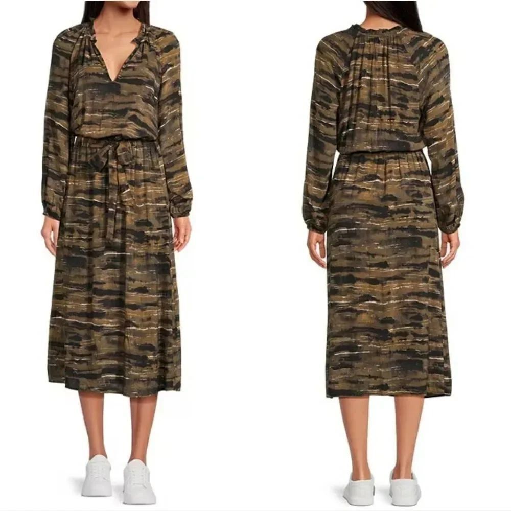 Cloth & Stone Ruffled V-Neck Animal Print Belted Midi Dress Medium